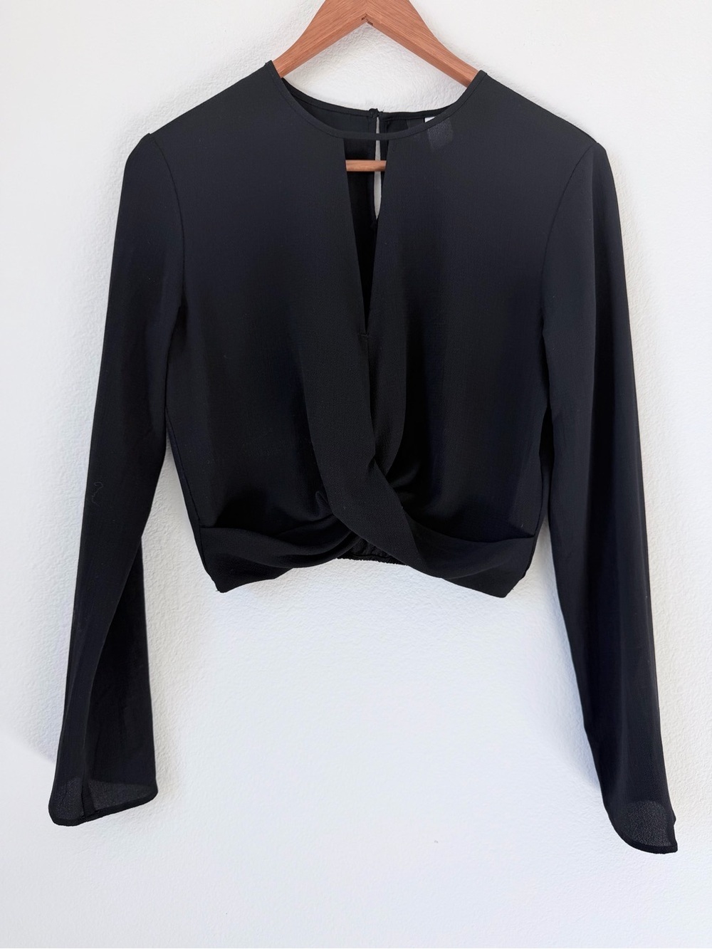 Divided Black Cropped Long-Sleeve Top with Back Keyhole